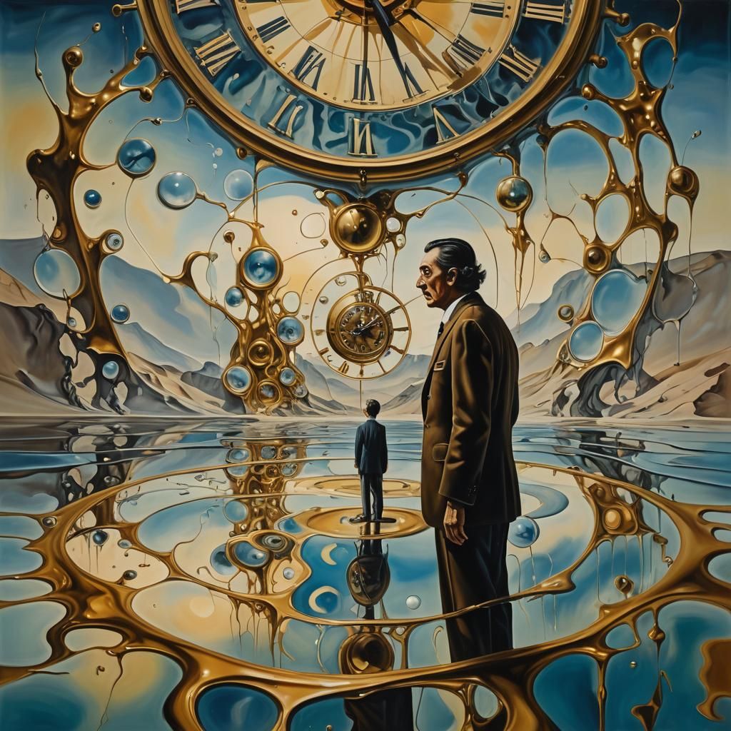 Surreal Melting Clock Reflections in Dreamscape