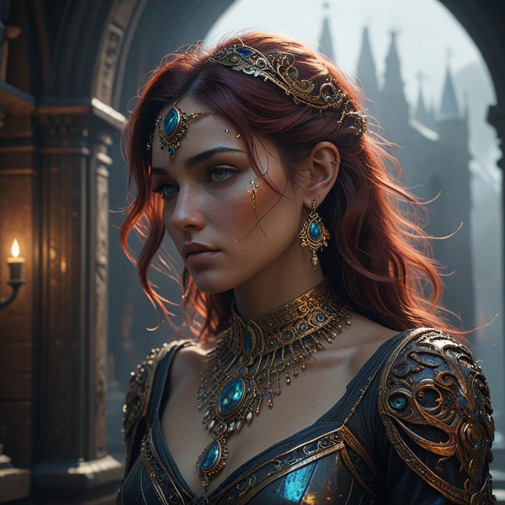 Regal Woman in Ancient Library, in a Mughal-Inspired Art Sty...