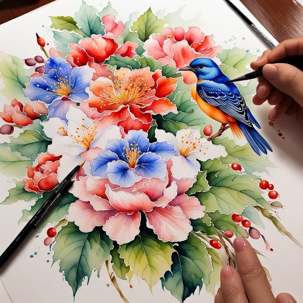 Vibrant Watercolor Bird and Flowers Painting