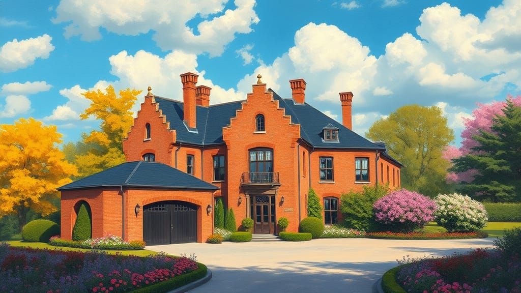 Grand Brick Chateau with Vibrant Garden and Painterly Style