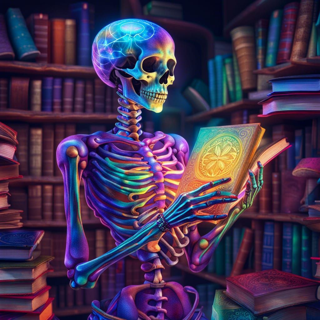 Colorful Skeleton Librarian in Holographic Astral Illustrati...