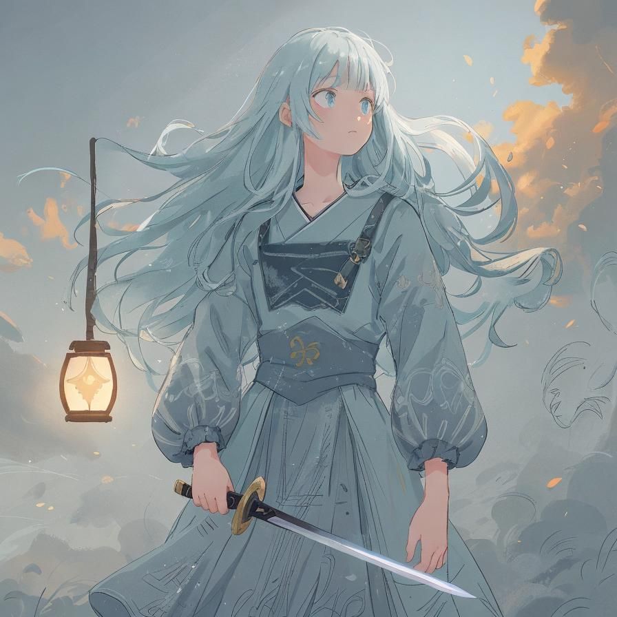 Anime-Style Warrior with Ginger Hair and Light Blue Dress
