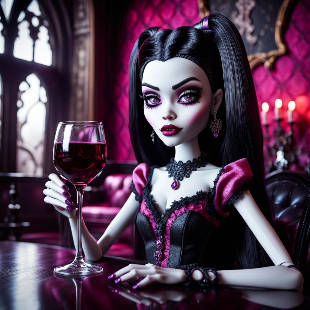monster high draculaura drinking a glass of red wine in a go...