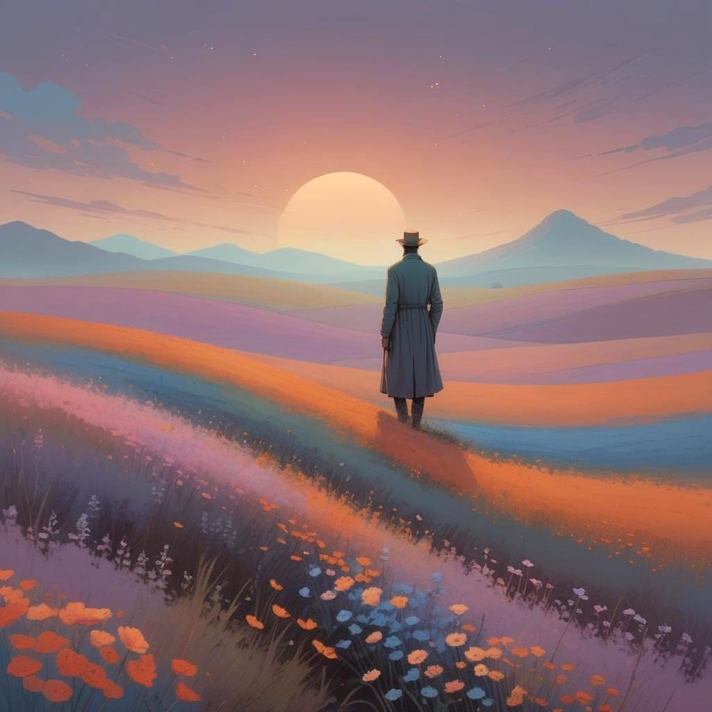 Twilight Field: Minimalist Illustration in Warm Tones