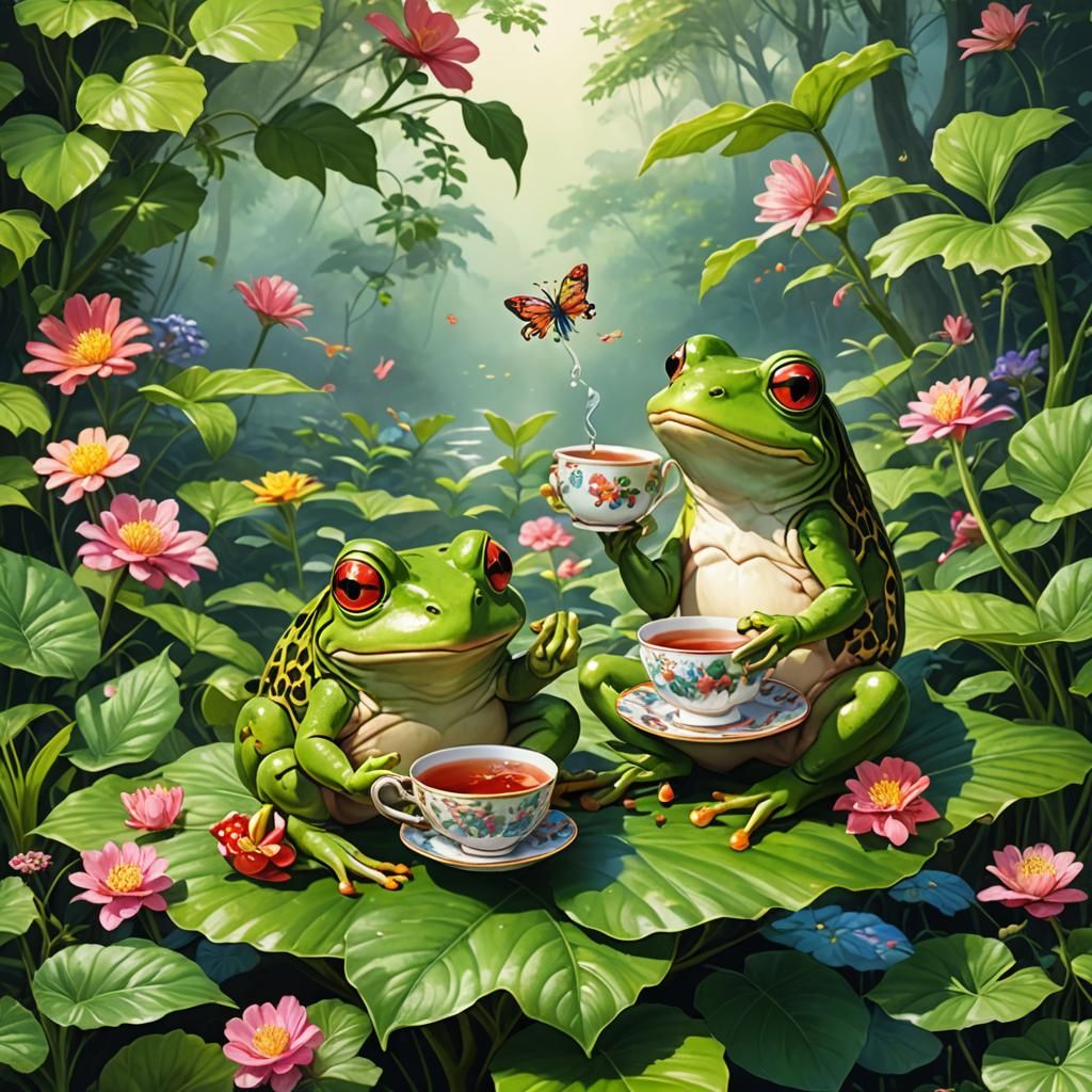 Frogs Sharing Tea: Whimsical Anime Illustration