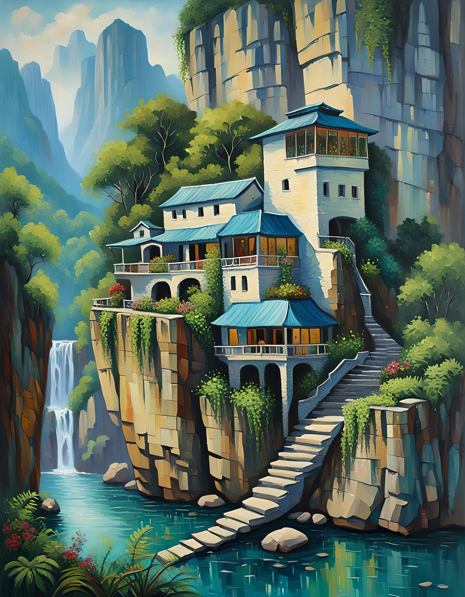 Cliffside House in Karst Mountains: Watercolour Art