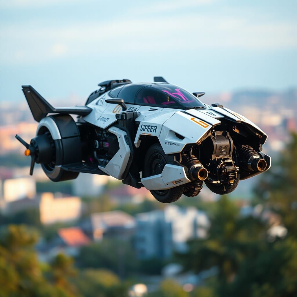 Cyberpunk Hover-Speeder in Futuristic Flight