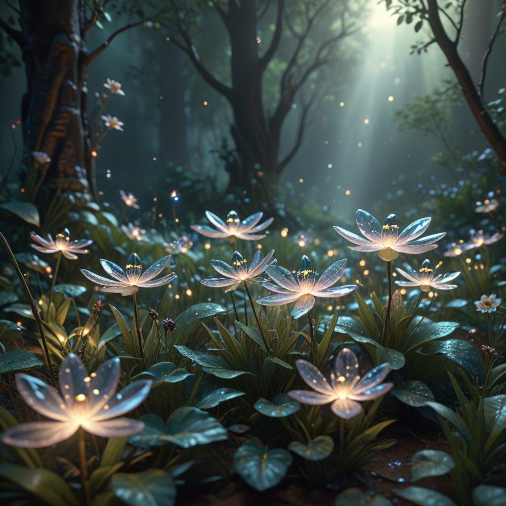 Crystal Fireflies Dance Among Stained Glass Flowers in a Hyp...