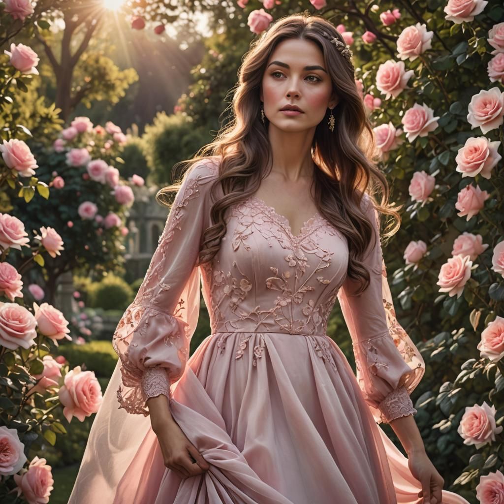 Ethereal Woman in Pink Gown in Garden