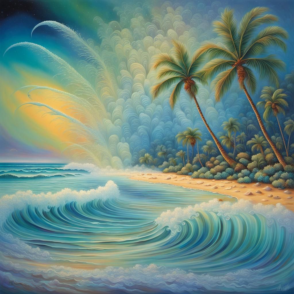 Psychedelic Beach with Iridescent Sand and Crystal Formation...