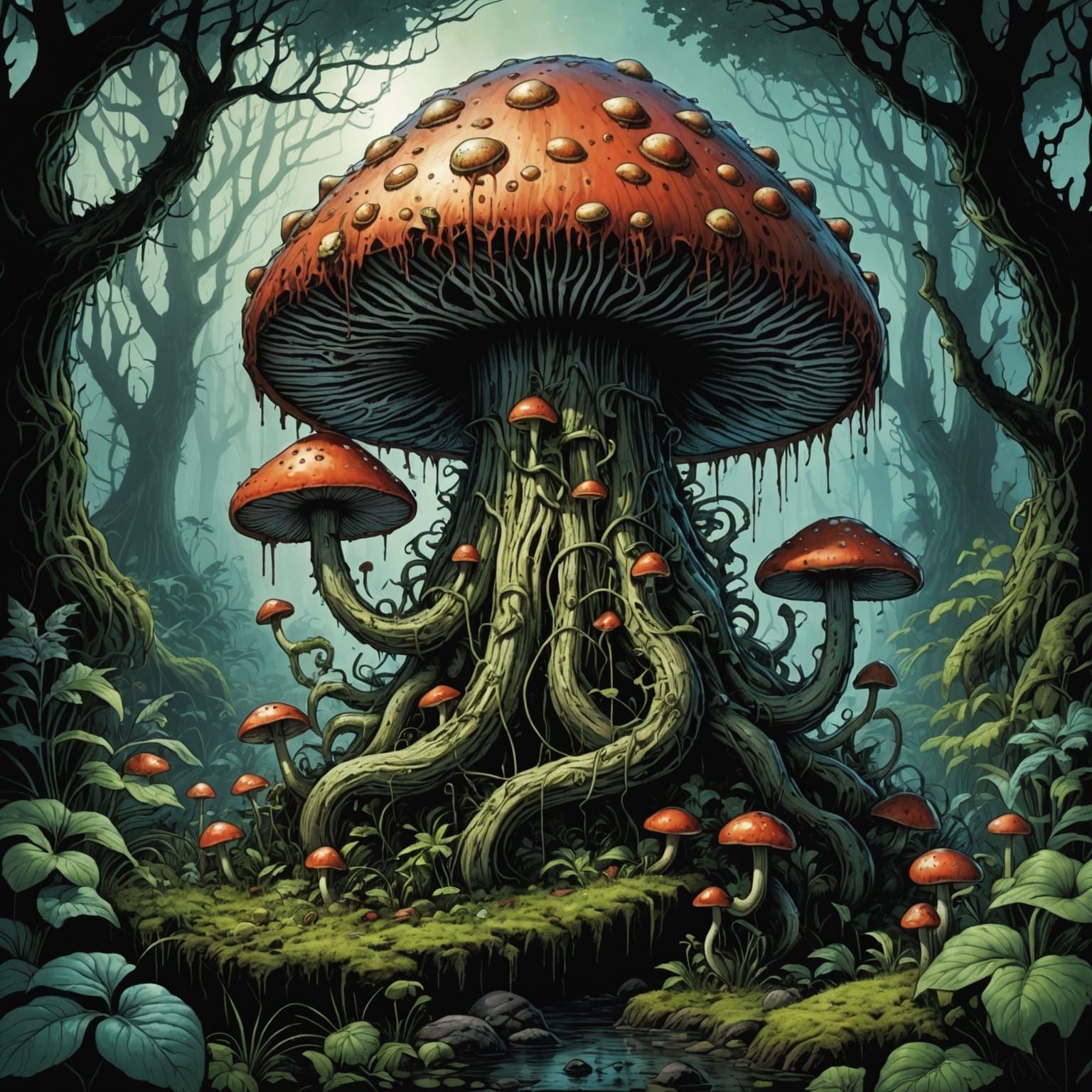 Lovecraftian Mushroom Creature in Decaying Garden