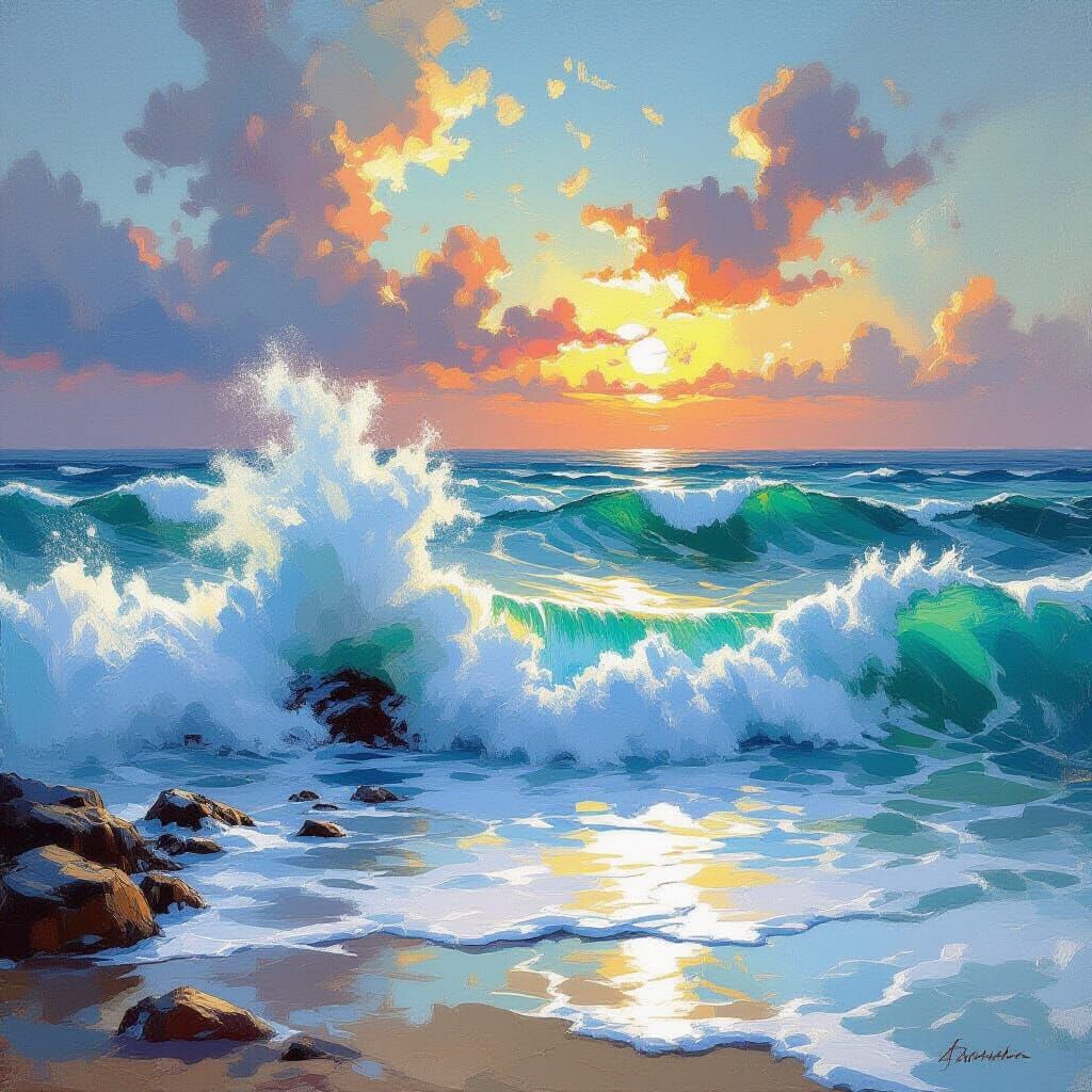 Crashing Ocean Waves in Romantic Style