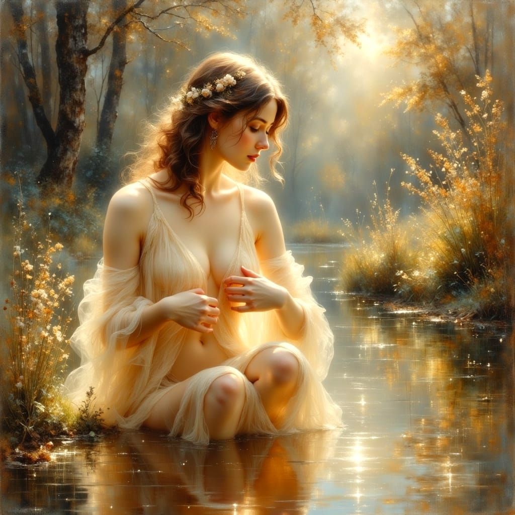 Ethereal Birth of Venus Oil Painting in Soft Morning Light