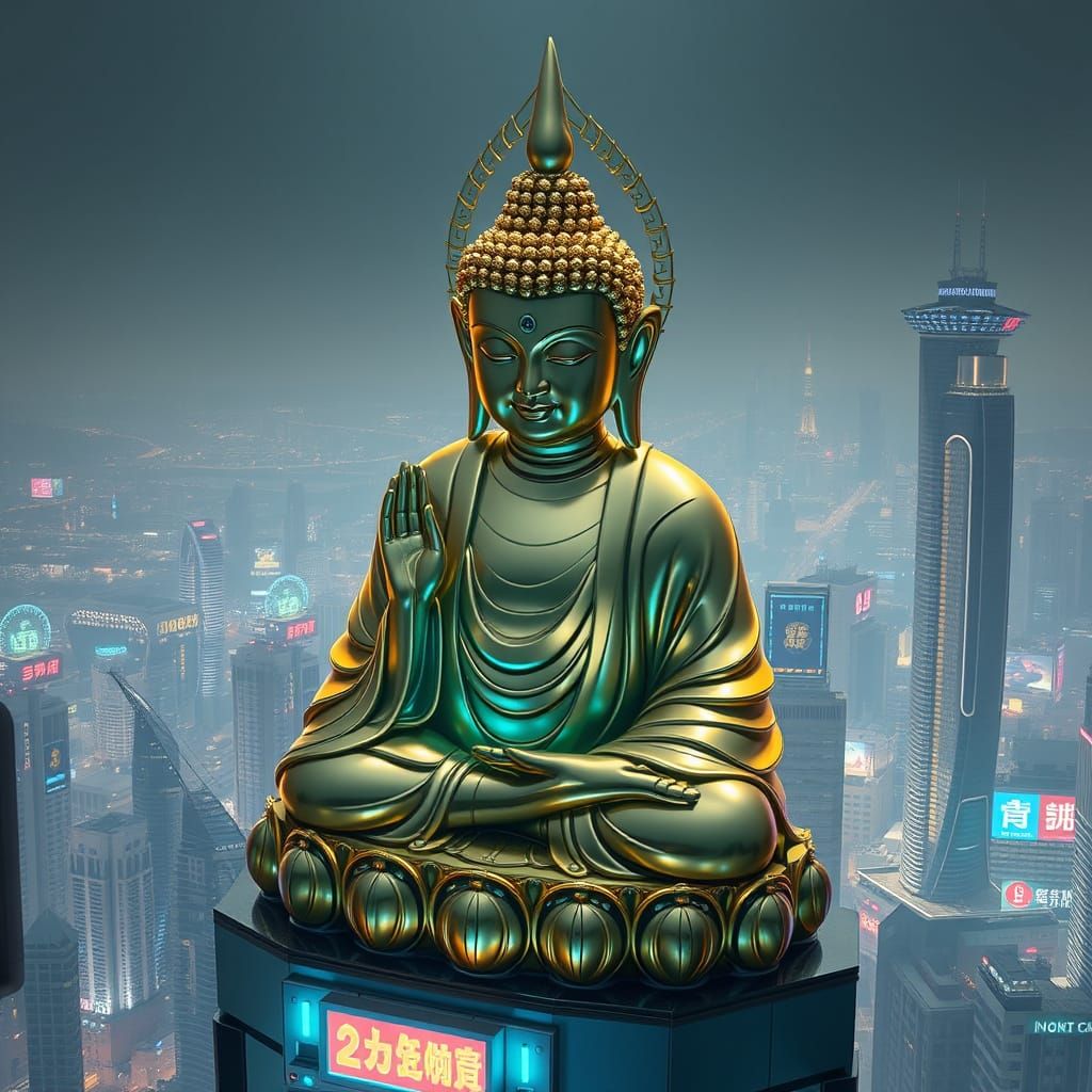 Buddha in Neon Cityscape, Polished Chrome and Gold Statue in...