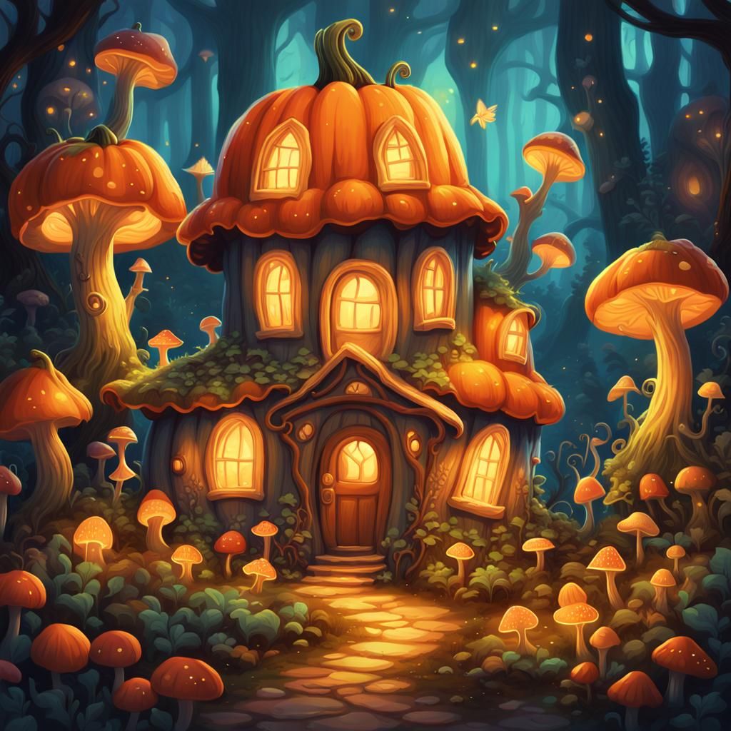 Fairy Pumpkin House in Bioluminescent Forest
