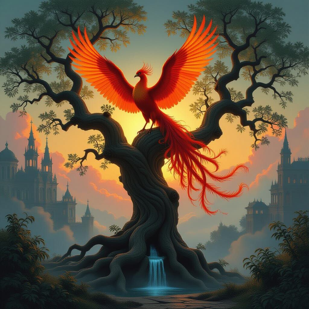 Majestic Phoenix on Ancient Tree at Ethereal Sunset