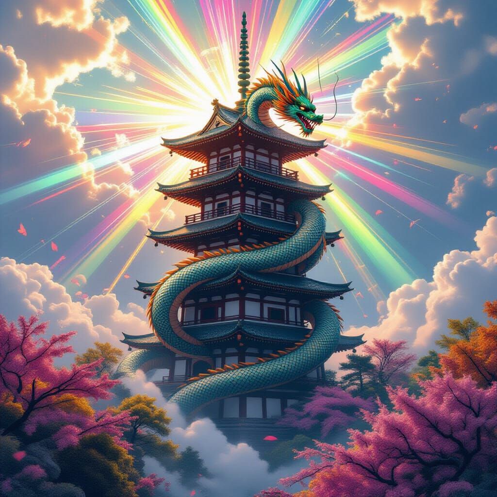 Vibrant Japanese Dragon Wraps Tower in Light Rays