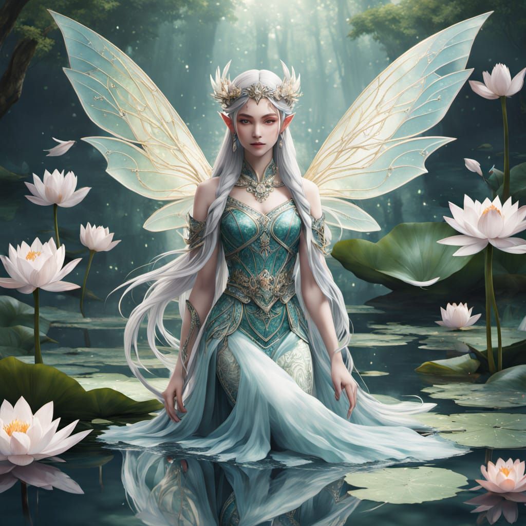 Serenely Elegant Elven Queen Amidst Whimsical Water Scene
