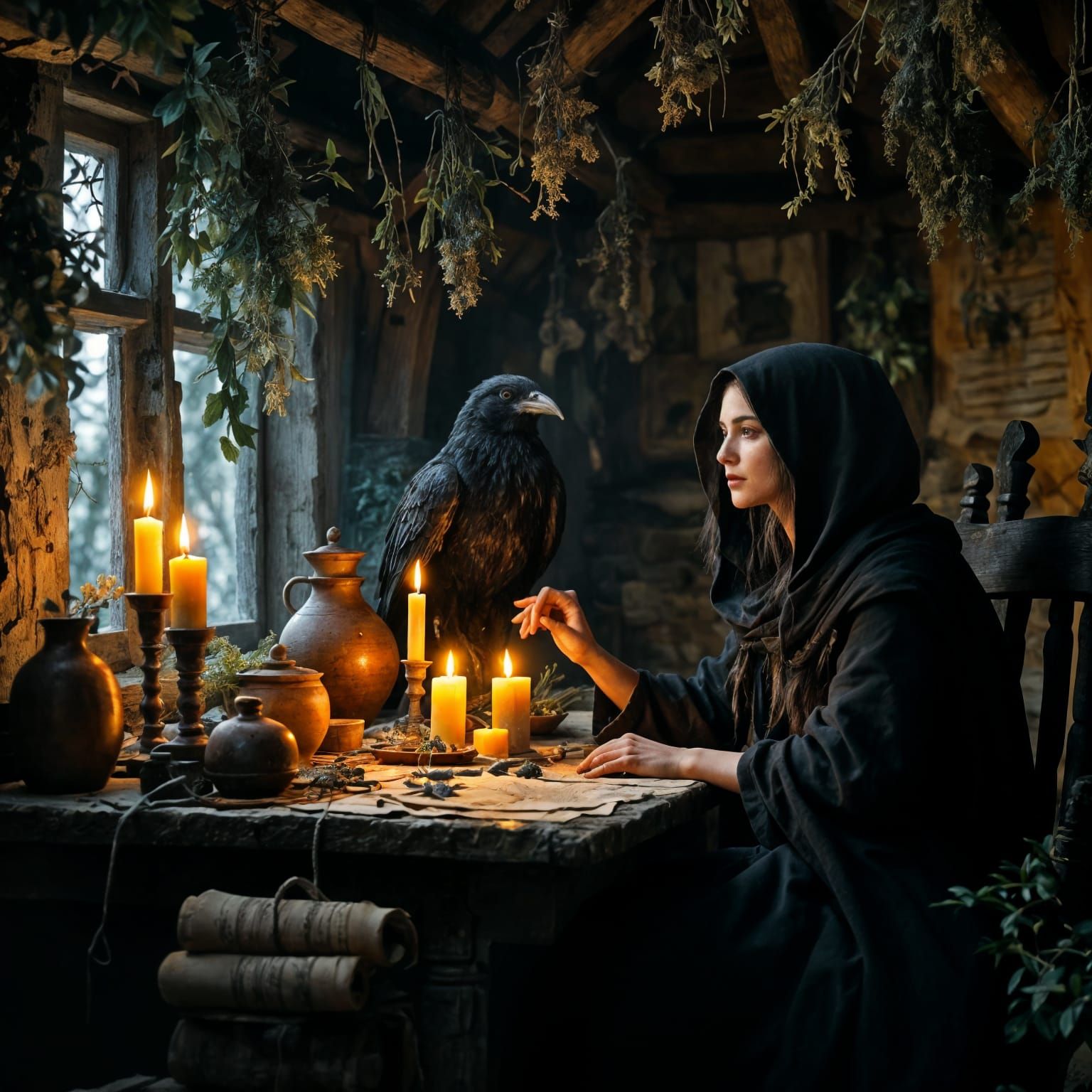 Medieval Witch and Raven in Moonlit Forest Hut