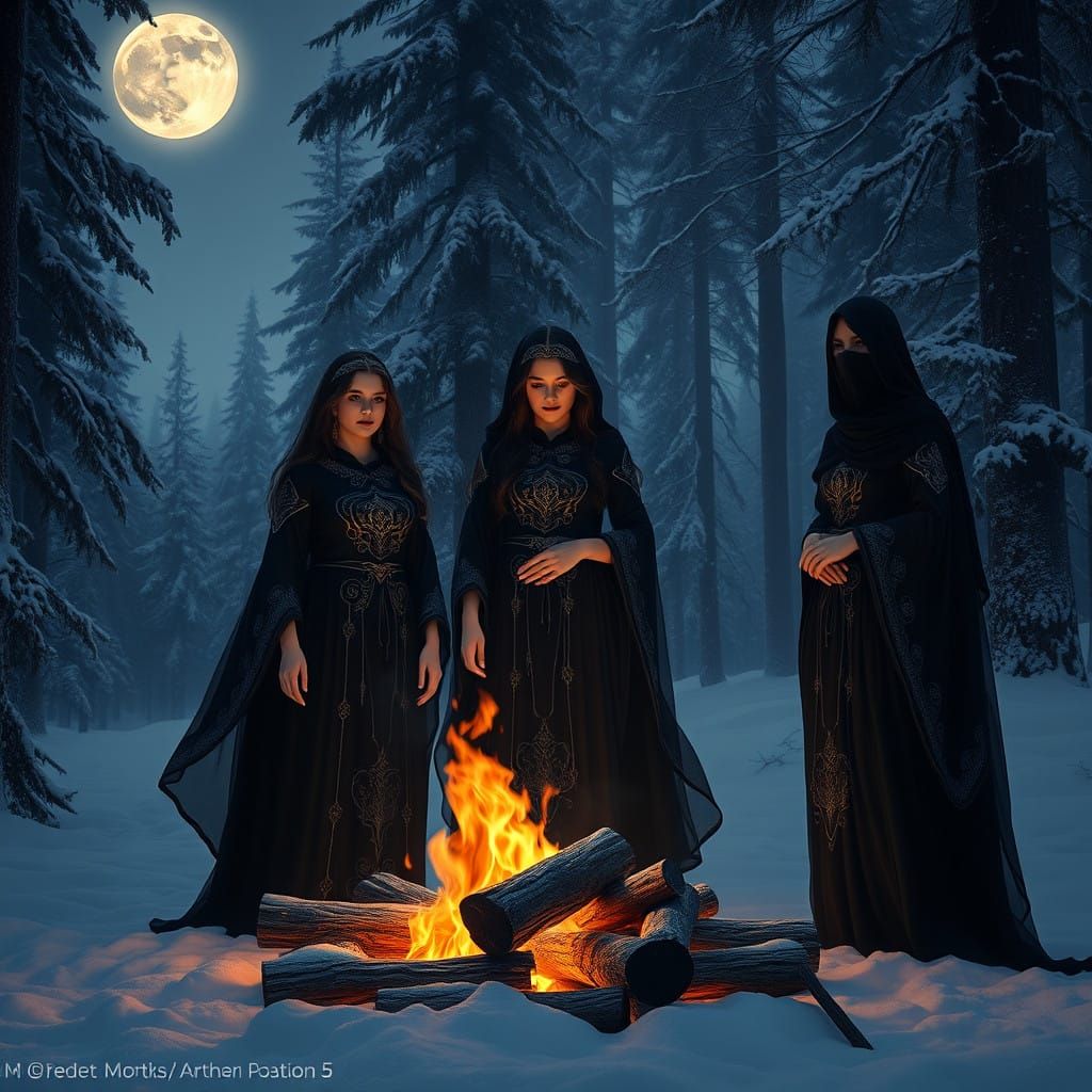 Mystical Women Gather Under Full Moon in Snowy Winter Forest