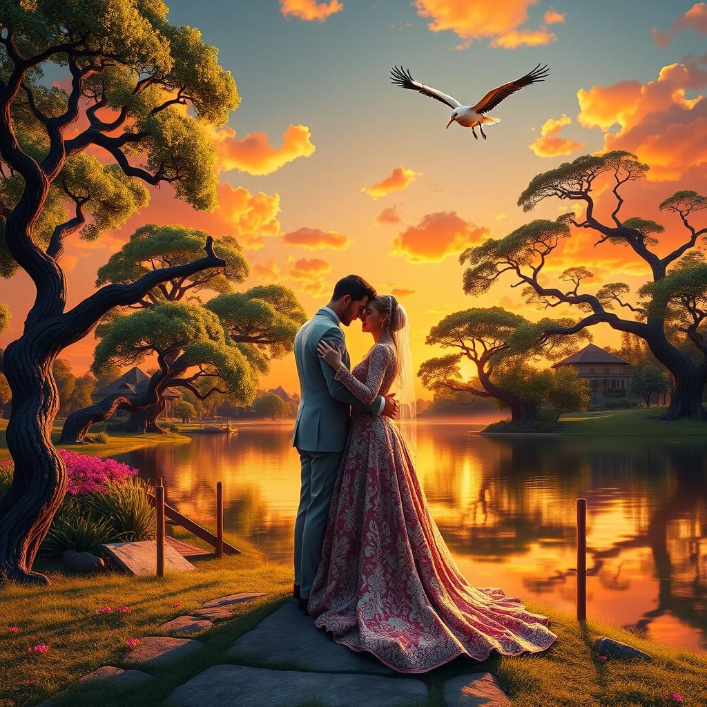 Regal Couple's Lakeside Embrace at Sunset