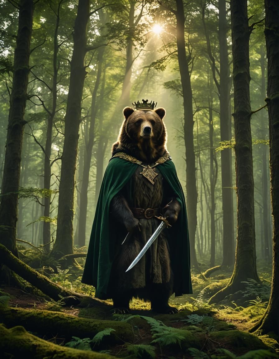 Brown Bear with Sword and Crown in Mystic Forest