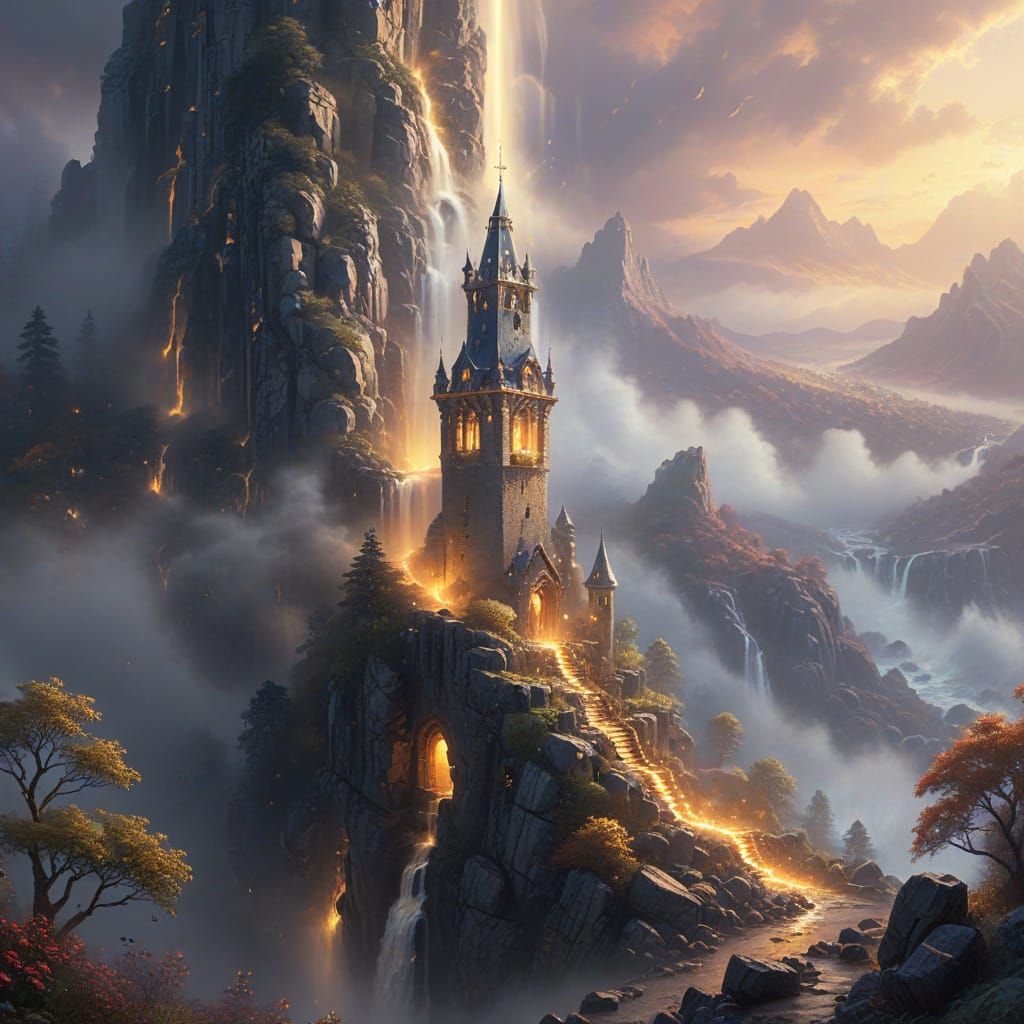 Mystical Tower Falls in Soft Golden Light