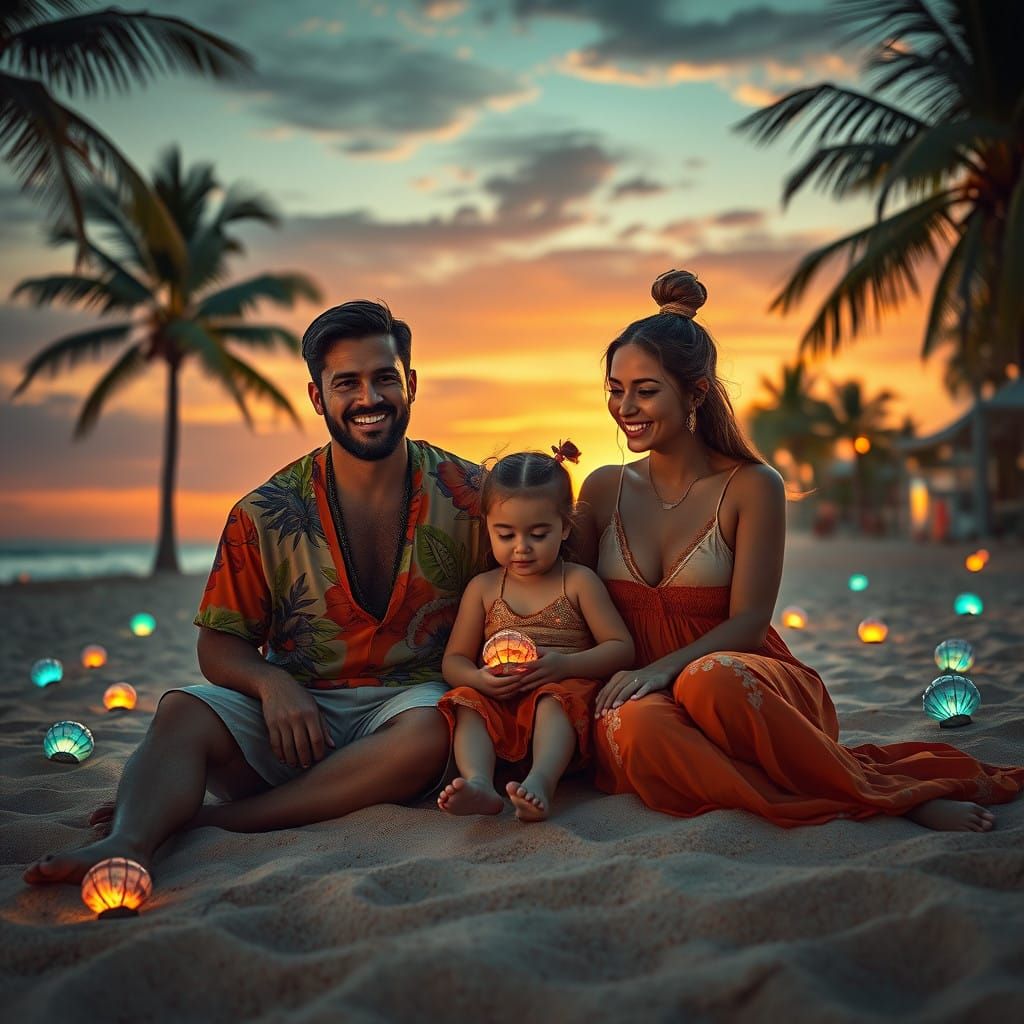 Idyllic Family Moment in Vibrant Beach Scene