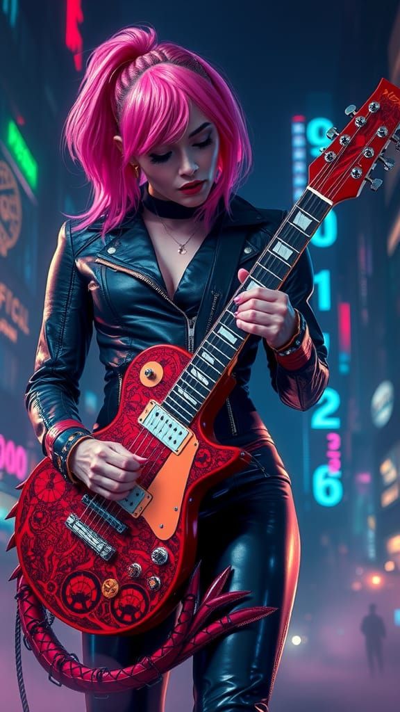 Cyberpunk Musician Plays Dragon Guitar in Neon Cityscape