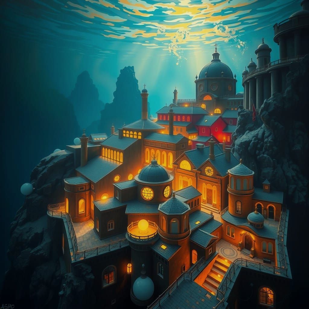 Glowing Submerged Town with Michelangelo Details