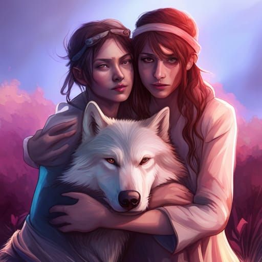 Girls Hugging Wolf: Detailed Fantasy Portrait