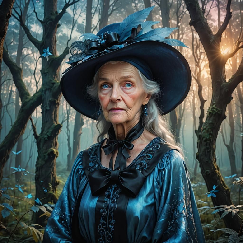 Ethereal Elderly Woman in Mystical Forest, Fantasy Art