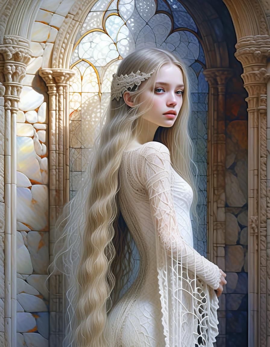 Gothic Lady in White Lace Oil Painting