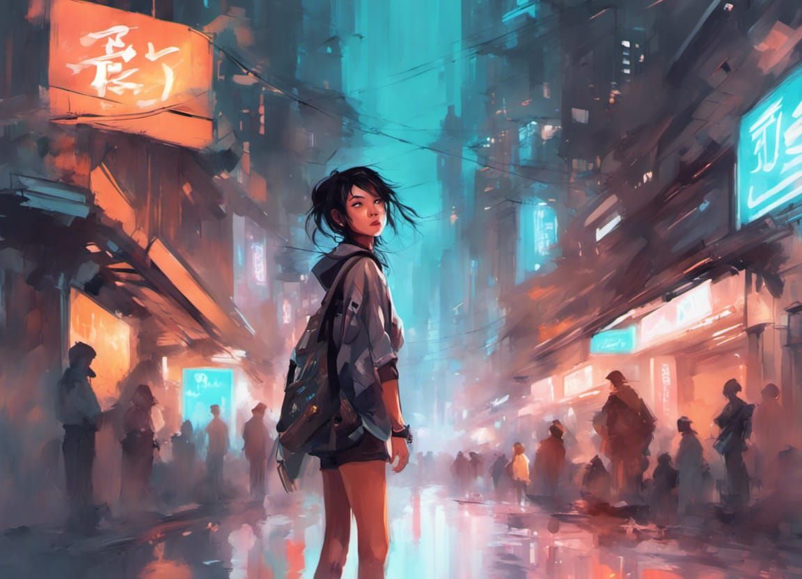 Cyberpunk City Teenager in Vector Art Style