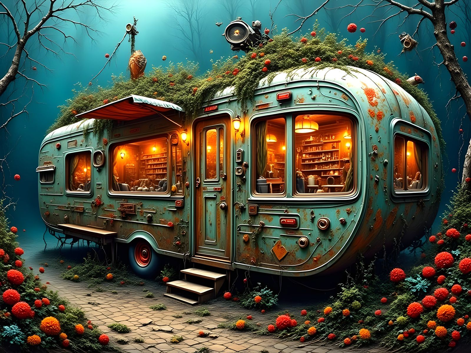 Deep Sea Diner: Lush Retro Trailer House in Oil Painting Sty...