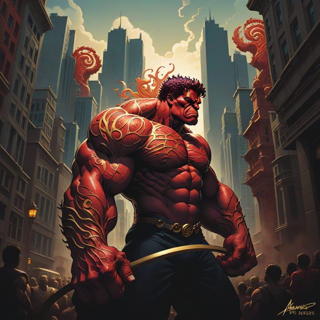 Red Hulk in Cityscape with Zentangle Patterns