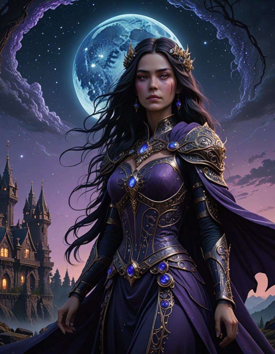Ethereal Midnight Empress with Flowing Gown and Starry Night...
