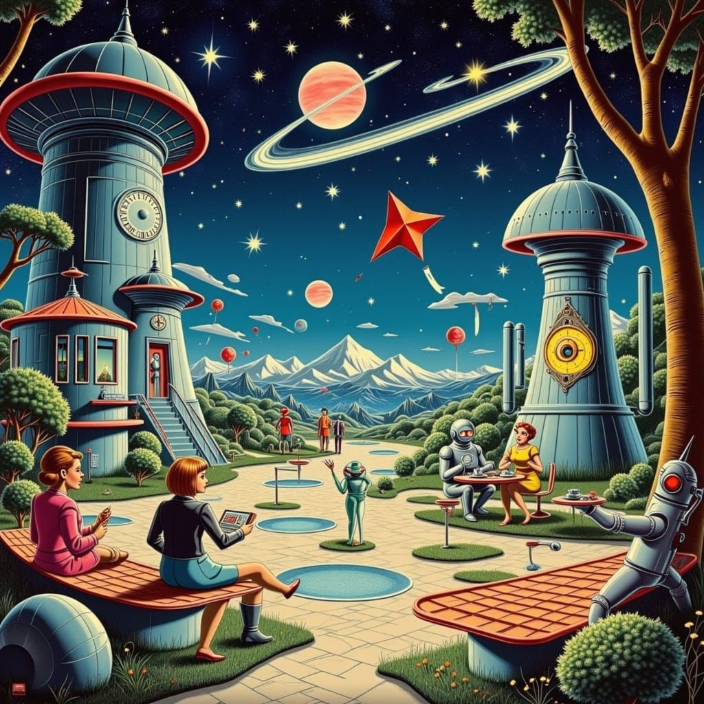Retro Futuristic Lunar Oasis with Whimsical Robots