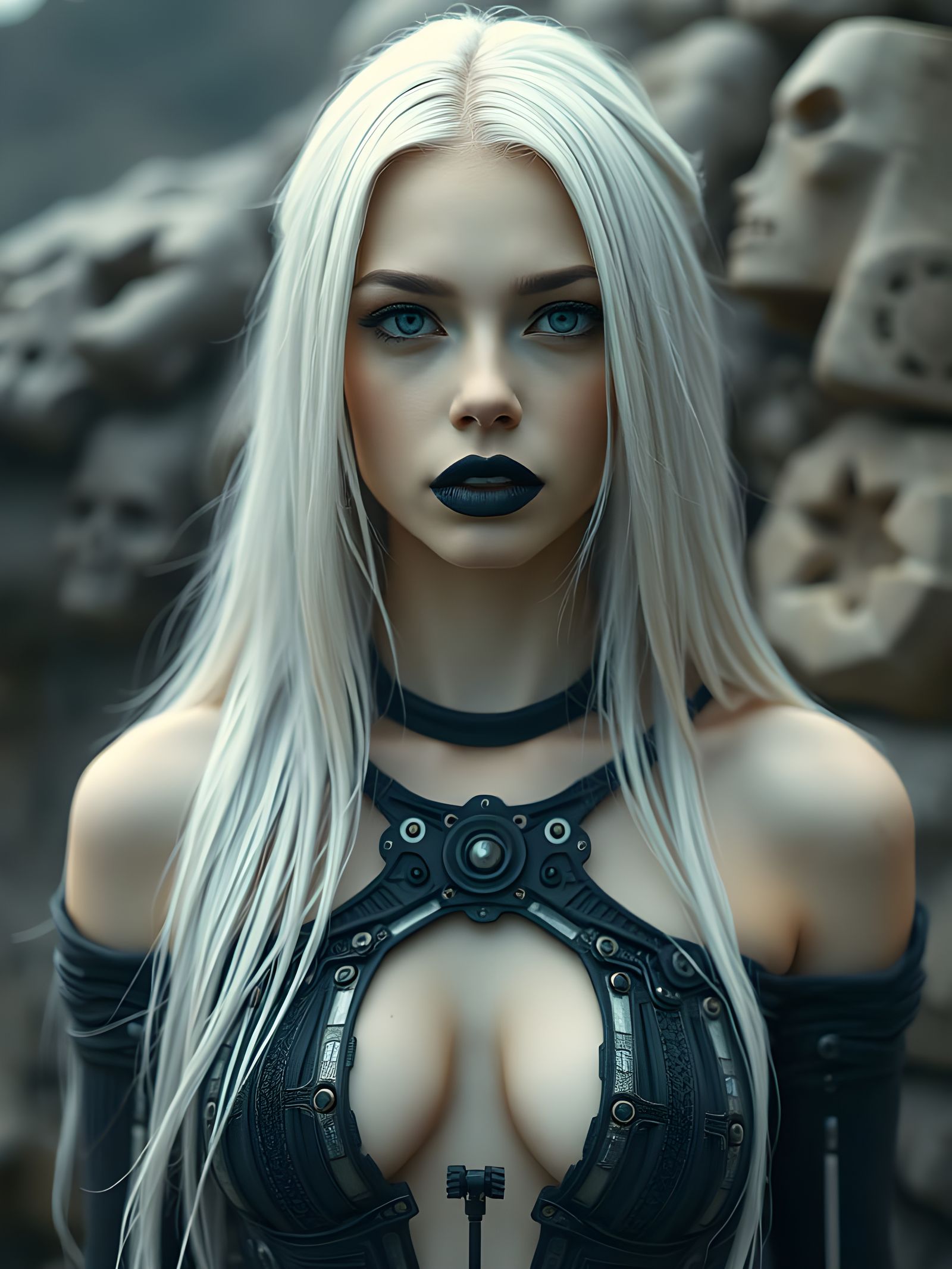 Biomechanical Woman with White Hair in Photorealistic Style