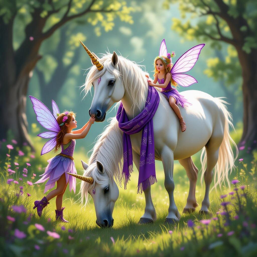 Two-Headed Unicorn with Fairy Companions Grazing