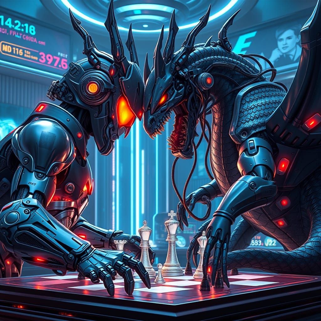 Cyborg Chess Master vs Biomechanical Dragon in Futuristic Li...