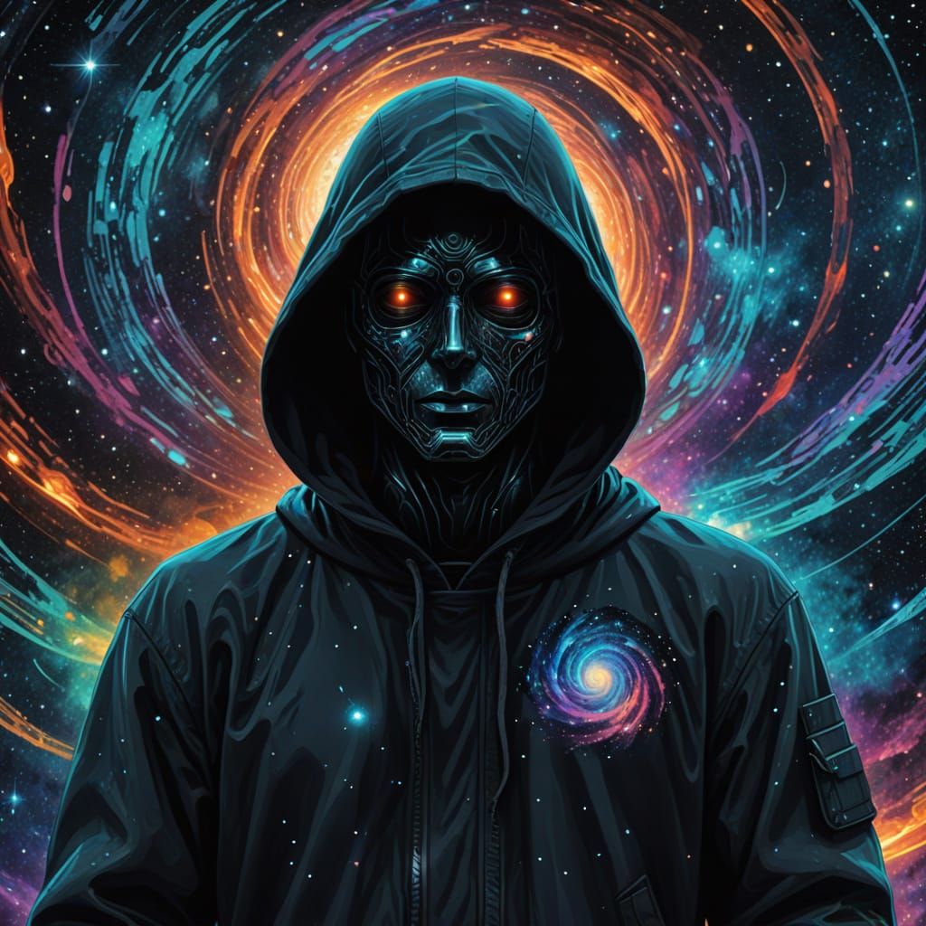 Hooded Cosmic Figure with Galaxy Face