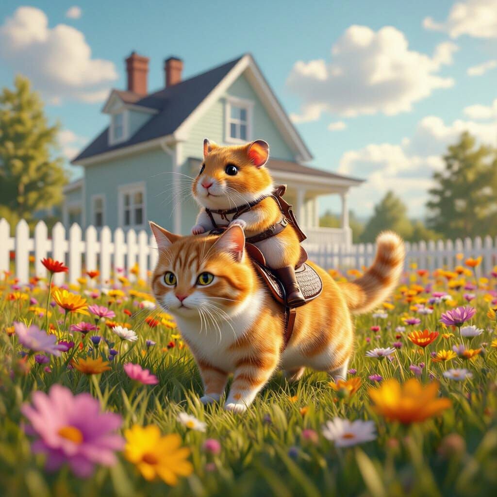 Hamster Rides Cat in Flower Field: Matte Painting