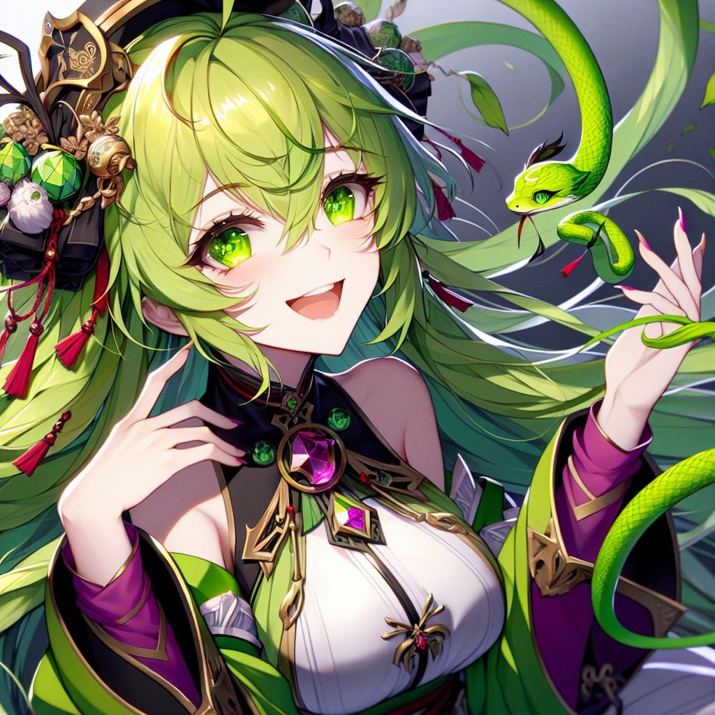 Anime Girl with Green Snake in Fantasy Style