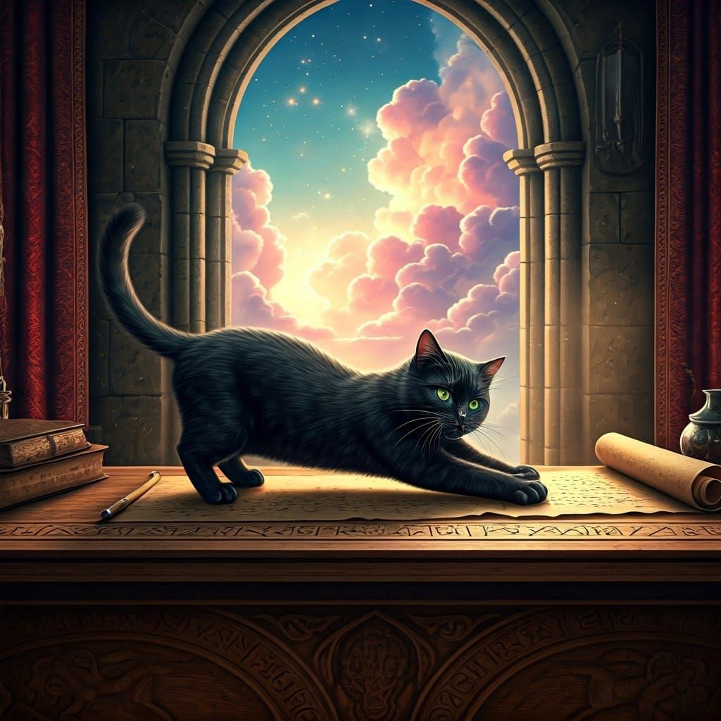 Mischievous Cat Destroys Enchanted Scrolls in Castle
