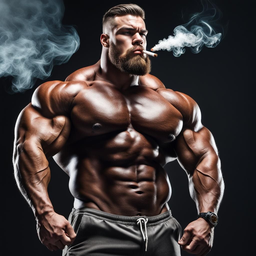 Young Bodybuilder with Giant Muscles Smoking