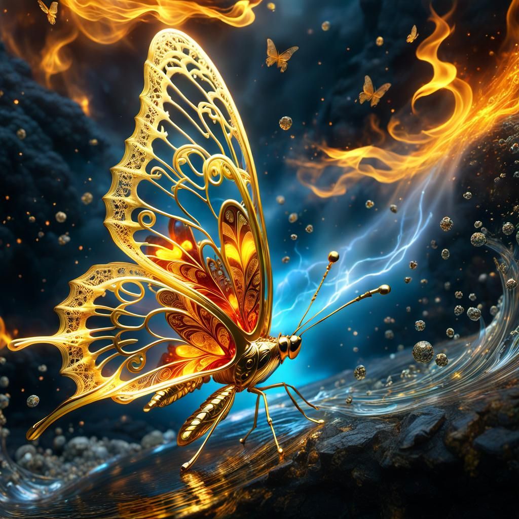Luminous Butterfly Emerging from Fire Cascade
