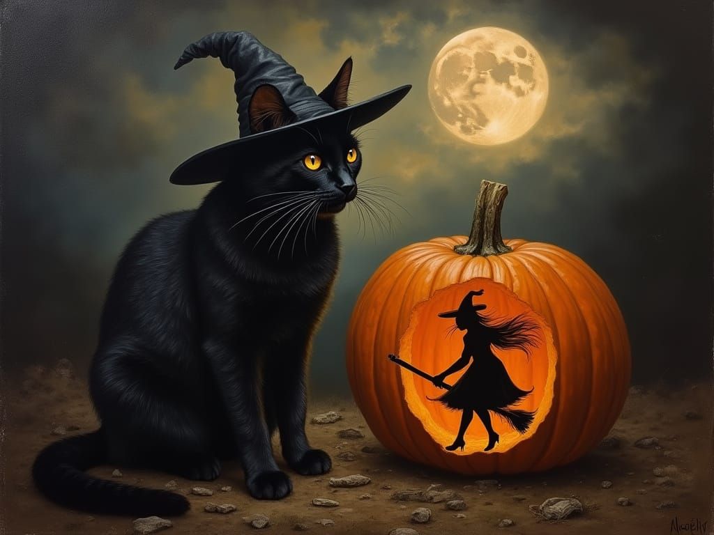 Black Cat in Witch Hat Before Moonlit Pumpkin