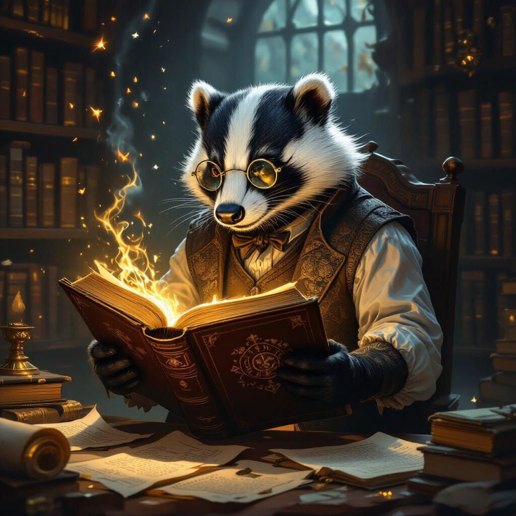 Badger Scholar Poring Over Ancient Tome in Dimly Lit Study