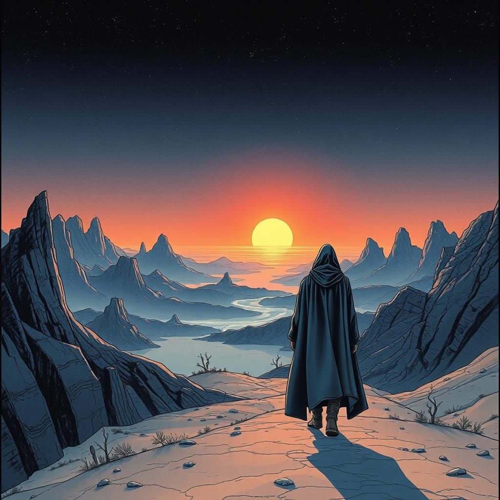 Moebius-Inspired Landscape with Cloaked Figure and Glowing H...
